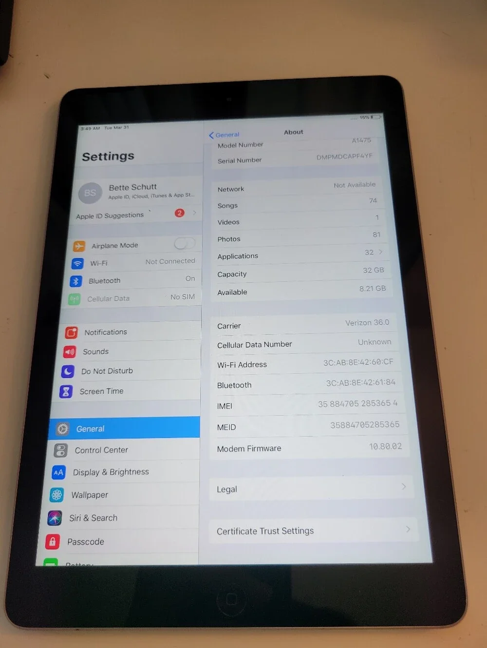 Apple iPad Air 1st Gen Cellular- Black Used **AJ** 32 GB